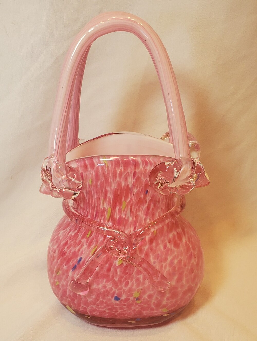 Murano Style Vtg Floral-Print Mouth Blown Hand Cut Polished Purse Vase Figurine